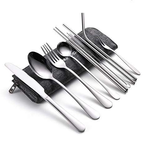 NUMARDA 9-Piece Portable Utensils,Travel Camping Cutlery Set, Travel Utensils, Camping Utensils Set, Stainless Stee Flatware Set (Silver Product and Medium Gray Bag)