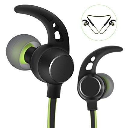 Headphones Bluetooth Wireless Sports Earphones Earbuds Magnet Mic,Anti-Jam V4.1 Heavy Bass,6Hours Play Time,Sweatproof Hi-Fi Stereo Bluetooth Devices-Green/Black(Android/iOS)