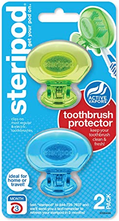 Steripod Clip-On Toothbrush Protector, Clear Blue and Clear Green, 2 Count