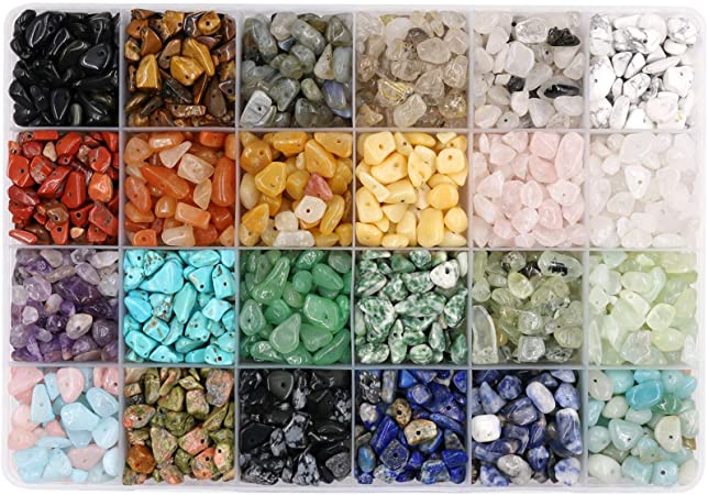 Potosala 24 Colors Natural Gemstone Chip Beads Irregular Crushed Crystal Pieces 5-7mm Stone Bead 1440 Pcs Drilled Beads for Balance Jewelry Making Life Tree