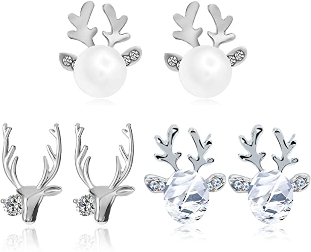 QXFQJT 3 Pairs Christmas Antlers Earring Shiny Hypoallergenic Reindeer Crystal Pearl Stud Earrings Xmas Gift