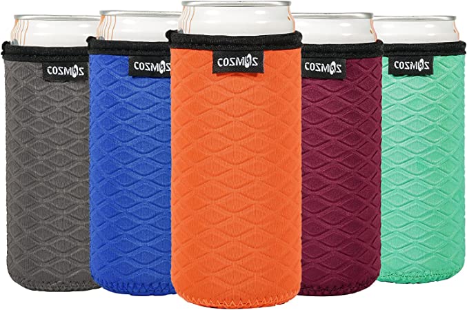 Cosmos Pack of 5 Soft Neoprene 12 OZ Slim Can Cooler Skinny Can Insulated Can Cover Tall Skinny Can Insulator Can Cover for Beer Beverage Drink Slim Can (For 12 oz Slim Can/Skinny Can)