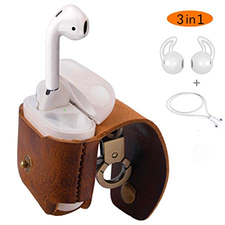 AirPods Case/Leather Handmade Portable Protective Cover Carrying Case with Ear Hooks and Anti-Lost Strap for Apple AirPods Earphones Charging Case (Brown)