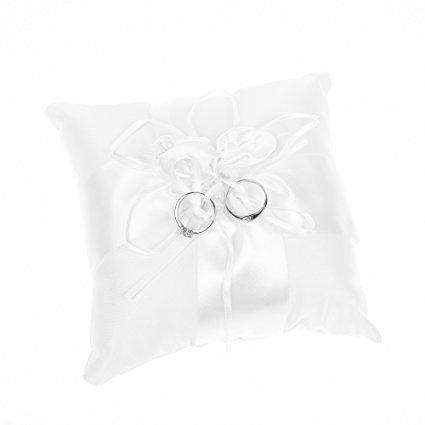 Kloud City 6x6 Inches Wedding Ceremony Ring Cushion Bearer Faux Pearl Satin Ribbon Party Ring Pillow