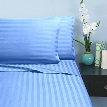 HotHaat New Collection 600 Thread Count 4 Piece 16" Deep Pocket Sheet Set in Stripe Blue Full Extra Long Size 100% Egyptian Cotton