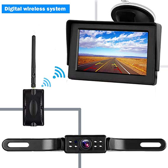 CooMees Backup Camera Digital Wireless 4.3'' Monitor System Truly Color Rear/Front View Waterproof Camera For Cars/Trucks/Vans/SUVs/RV/Trailers Driving/Reversing Use Guide Lines Optional