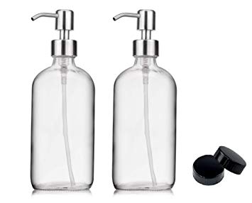 2-Pack Soap Hand Dispenser Glass Bottles Stainless Steel Pumps (16-Oz) Great for Essential Oils, Lotions, Liquid Soaps - Clear Boston Round