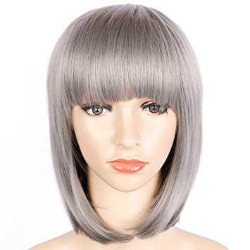 Colorful Bird Straight Bob Hair Wig with Flat Bangs Synthetic Silver Bob Wigs for Women Cosplay Halloween Party Wigs Heat Resistant (Silver Gray,12 inches)