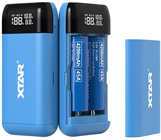 XTAR 18650 Battery Charger 2bays XTAR PB2S USB Output Function, Portable Li-ion USB C 18650 Battery Charger Box（Batteries NOT Included (Blue)
