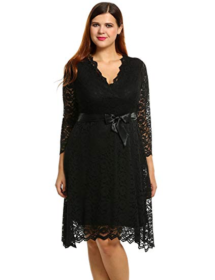 Meaneor Women Plus Size Spring 3/4 Sleeve Lace Dress Cocktail Dress with Belt
