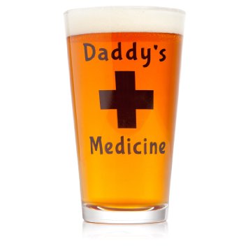 Daddys Medicine Beer Glass mug fun novelty gift for men husband brother friend co-worker teacher for birthday Fathers Day present beer lover 16 oz pint glass for your favorite beer or drink