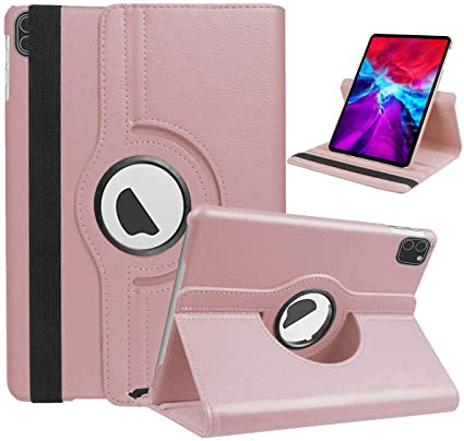 PT Case for ipad Air 4 10.9 inch 2020/iPad Pro 11" 2020&2018-360 Degree Rotating PU Leather Hard Back Shell Protective Smart Stand Cover with Auto Sleep/Wake (Rose Gold)