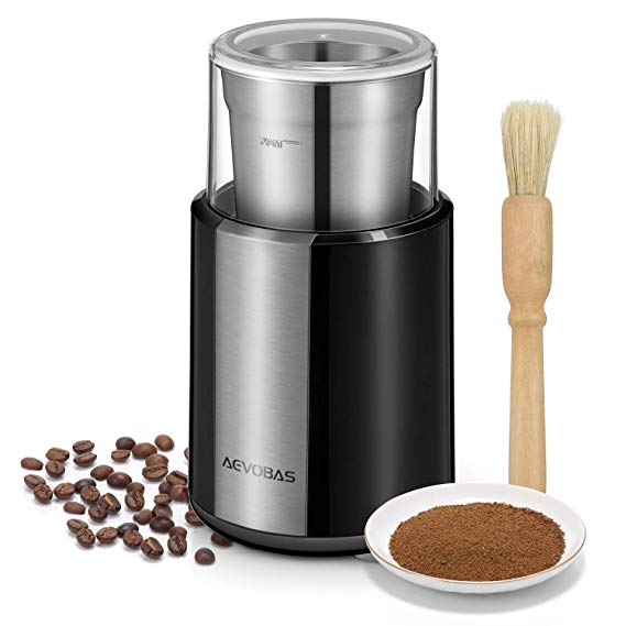 Aevobas Coffee Grinder Electric Bean Nut Seed Dry Spice Koffee Mill Grinders with Stainless Steel Blades Detachable Coffee Powder Bowl and Cleaning Brush 200W - Black