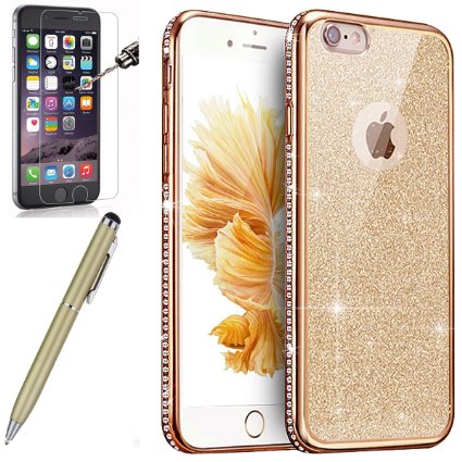 iPhone 6S Case,iPhone 6 Case,ikasus Crystal Clear Rhinestone With Sparkle Glitter Silicone Soft TPU Bumper Rubber Protective Diamond Case Cover with Tempered Glass Screen Protector Stylus,Golden