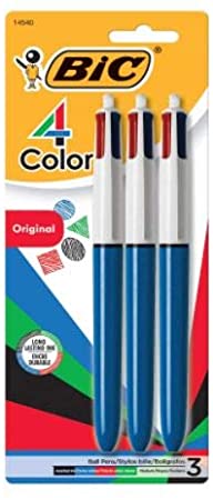 4-Color Ballpoint Pen, Medium Point (1.0mm), Assorted Inks, 1 Set of 3 Count