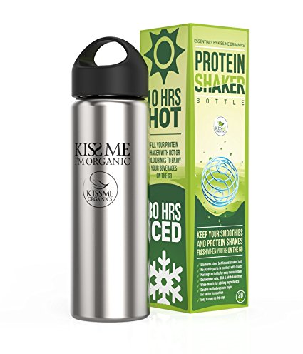 Stainless Steel Water Bottle - Vacuum Insulated Flask with Stainless Steel Shaker Ball - 20-Ounce Shaker Bottle And 1 Shaker Ball - From Kiss Me Organics Essentials