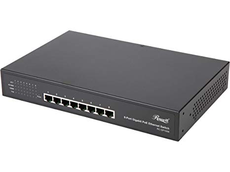 Rosewill 8-Port PoE  Network Switch, Unmanaged Gigabit 1000M Ethernet Switch with 8 PoE  Ports, Up to 150W Total and 30W Per Port, Quiet Operation Metal Desktop Switch - RC-GP1008