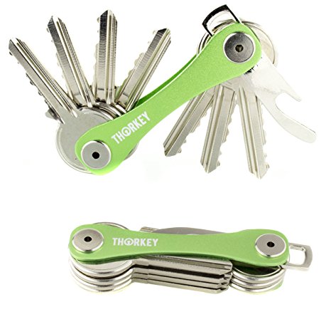 Compact Smart Key Holder By ThorKey - Green Key Organizer Made Of Durable, Premium Aluminum - Up To 10 Keys & Tools - EDC Swiss Knife Design - Practical Multi Tool Keychain - Bottle opener included!