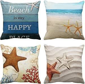 Emvency Set of 4 Throw Pillow Covers Beach Starfish and Summer is My Happy Place Rhinestone Decorative Pillow Cases Home Decor Square 22x22 Inches Pillowcases