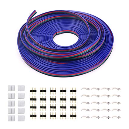 iCreating 100ft 4 Pin RGB Extension Cable Wire Cord for 5050 3528 Color Changing Flexible LED Strip Light with 10x Gapless LED Strip Connectors, 20x LED Strip Clips, 20x 4 Pin Male to Male Connector