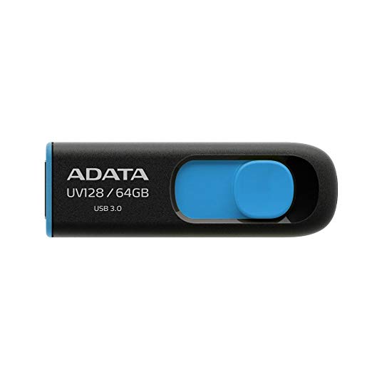 ADATA UV128 64 GB High-Speed USB 3.0 Capless USB Flash Drive, Blue/Black (AUV128-64G-RBE)