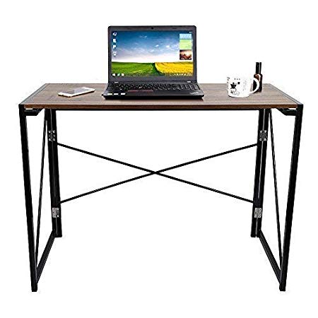 [Western States Delivery Only] Dripex 39'' Folding Computer Desk, No Assembly Foldable Table Steel Wood Tables Simple Modern Writing Study Desk Rectangular Laptop Workstation for Home & Office (Teak)