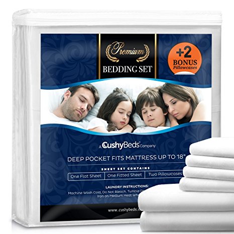 Premium Bed Sheet Set by CushyBeds - Brushed Microfiber 1800 Bedding - Hypoallergenic, Wrinkle, Fade, Stain Resistant - 6 Pieces Includes 2 BONUS Pillow Case (Queen, White)