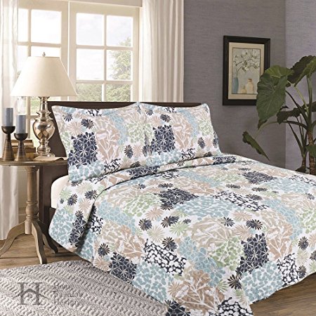 Flora Collection 3-Piece Luxury Quilt Set with Shams. Soft All-Season Microfiber Bedspread and Coverlet with Floral Pattern. By Home Fashion Designs Brand. (Full / Queen)