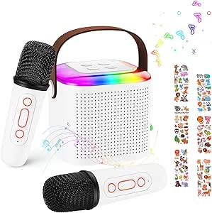 MoKo Mini Karaoke Machine for Kids Adults with Portable 5.3 Bluetooth Speaker, Karaoke Machine with 2 Wireless Microphones for Home Party, Outdoor, Birthday Gift for Girls Boys(White)