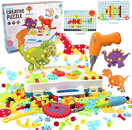 WISESTAR 303PCS Electric Drills Toy Set for Kids, 3D Design STEM Toy Drilling Set with Board, Screw Driver, Trendy Bits, Building Blocks for Boys Girls, Educational Tool Christmas Birthday Gift