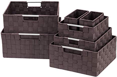 Sorbus Storage Box Woven Basket Bin Container Tote Cube Organizer Set Stackable Storage Basket Woven Strap Shelf Organizer Built-in Carry Handles (7 Piece - Chocolate)