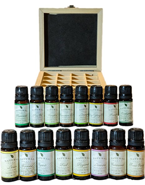 NEW! Essential Oils 16 Pack with Wood Case by Natural Acres! 100 Percent Pure Therapeutic Grade Essential Oil Set - 16x 10 ML Bottles Plus Storage Case