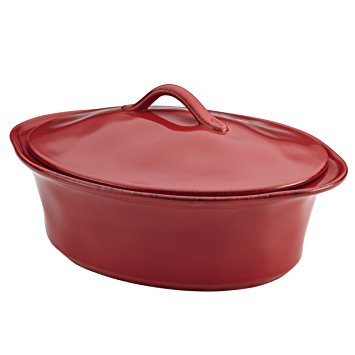 Rachael Ray Cucina Stoneware 3-1/2-Quart Oval Casserole, Cranberry Red