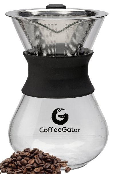Coffee Gator Hand Drip Coffee Maker - 1-2 Cup 10z Carafe with Permanent Stainless Steel Filter