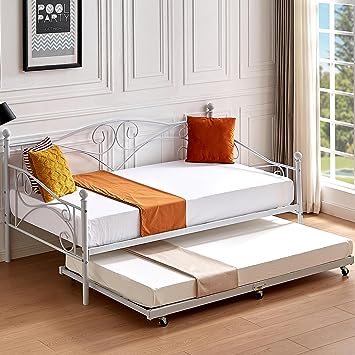 VECELO Premium Daybed Metal Bed Frame and trundel Bed Twin Size Steel Slat Support/Strong Legs Headboard/Mattress Foundation, Multi-Functional Furniturefor Guest Living Room