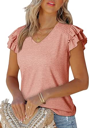 Dokotoo Women's Casual Ruffle Short Sleeve Tops Cute Solid Color Knit Ribbed T Shirts Blouses