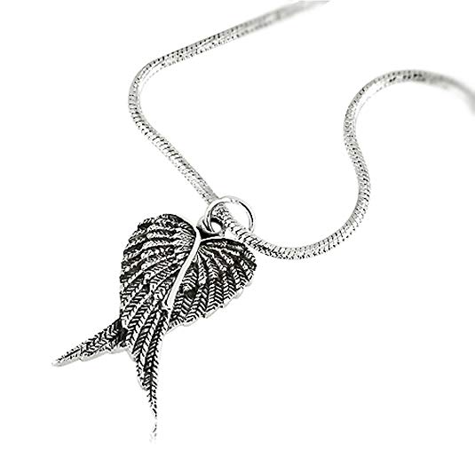 925 Oxidized Sterling Silver Feather Angel Heart Wings Pendant on Alloy Necklace Chain, 18 Inches