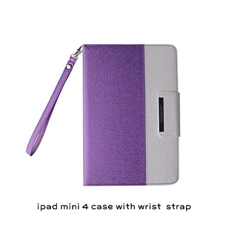 Thankscase Case for iPad Mini 4, Rotating Case Cover for Ipad Mini 4 with Wallet and Pocket with Hand Strap with Smart Cover Function for iPad Mini 4 2015 (Victorian Purple)