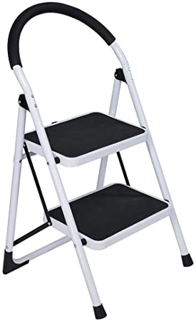 US-Direct 2 Step Ladder Folding Step Stool, Portable Stool Sturdy Steel Ladder with Handle Anti-Slip Feet Solid Wide Pedal, 300lbs Capacity White and Black Combo Stepladders