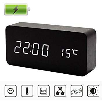 Aronydia LED Alarm Clock with Temperature Wooden LED Digital Clock with USB Rechargeable Built-in Battery Bedside Clock with 3 Alarm and 3 Adjustable Brightness Voice Control Alarm Clock Desktop Black