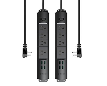 TROND Prime II 4-Outlet Mountable Power Strip with USB Charger (4A/20W, Black, 2-Pack), Right-Angle Flat Plug & 6.6 Feet Long Cord, for Workbench, Nightstand, Dresser, Home, Office & Hotel