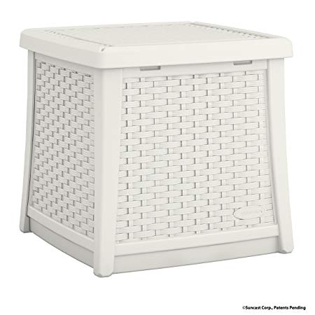 Suncast Elements End Table with Storage - All-Weather, Lightweight, Resin Constructed Patio Table for Storage of Patio Accessories - Outdoor Storage Box with 13 Gallon Capacity - White