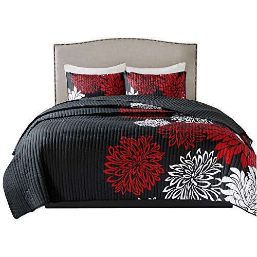 Comfort Spaces – Enya Quilt Mini Set - 3 Piece – Black and Red – Floral Printed Pattern – Full/Queen Size, Includes 1 Quilt, 2 Shams