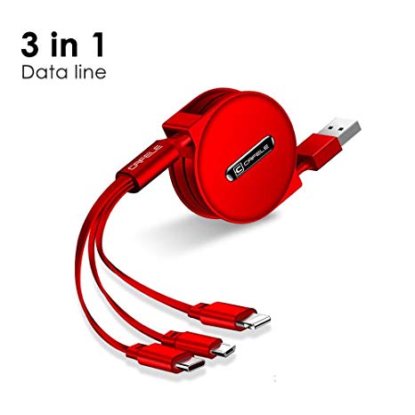 Leegoal Retractable Multi USB Cable, 3 in 1 Retractable USB Charging Cord Adapter Fast Charge Type C/Micro USB Cable For Most iPhone, Android Cellphones(Red)