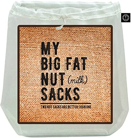 My Big Fat Nut (milk) Sacks. 2-Pack (12"x12") (75 & 200 micron) Commercial Quality Reusable Almond Nut Milk Bag Strainer. Food Grade Nylon Mesh Jelly Cheesecloth Coffee Press Tea Filter Funny Gift