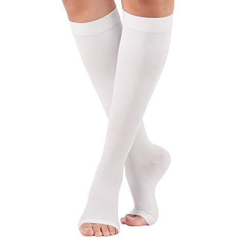 Made in The USA - Opaque Compression Socks - Knee-Hi Firm Support - Open Toe - 20-30mmHg - Compression Stockings for Woman - Support Socks for Men (Large, White)