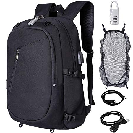 XQXA Anti Theft Backpack with Lock Slim Laptop Backpack with USB Charging Port and Earphone Port Fits 15.6 Inch Computer Notebook Water Resistant Rucksack for Work, College, Business, Trip - Black