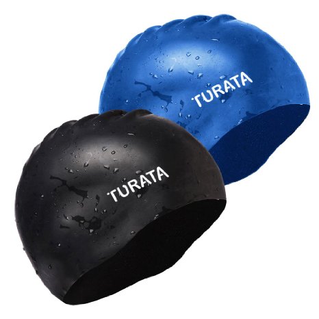 2 Pack Swimming Cap - TURATA® Waterproof Unisex Premium Earmuffs Silicone No-Slip Swimming Cap for Adults Kids Woman and Men One Size Hat - Black & Blue