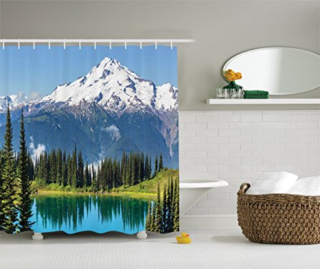 Ambesonne Cottage Decor Collection, Scenery of Image Lake and Snowy Glacier Peak in Washington USA with Tall Pine Tree Forest, Polyester Fabric Bathroom Shower Curtain, 75 Inches Long, White Green