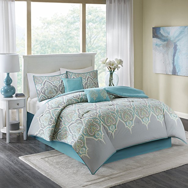 Comfort Spaces - Mona Cotton printed Comforter Set - 6 Piece - Teal Grey - Paisley Design - Queen Size, includes 1 Comforter, 2 Shams, 1 Bedskirt, 2 Embroidered Decorative Pillows